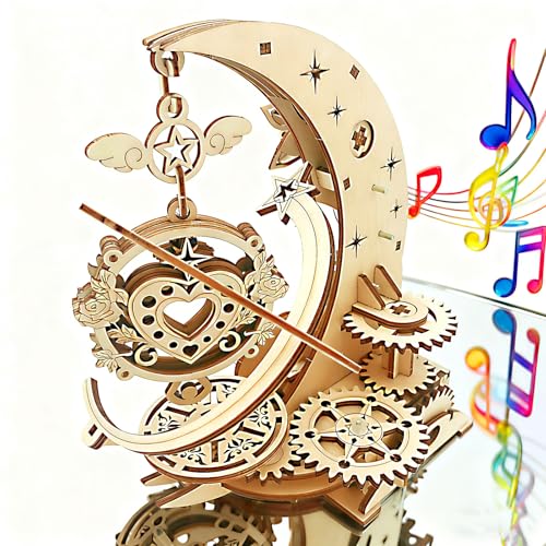 3D Wooden Puzzles for Adults Teens DIY Music Box Wood Model Kit Craft Kits | Mechanical Engineering Project to Build Cool Birthday Gift for Age 14+ Years Old - style: moon