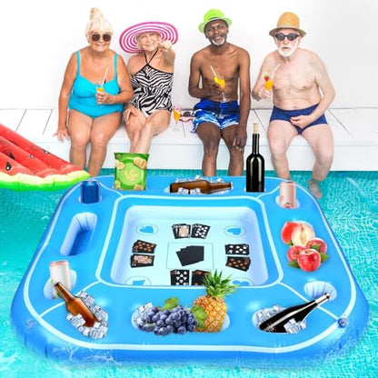 40inch Large Floating Games Table for Pool with Waterproof Playing Cards Inflatable Card Table Tray Food Pool Float Drinks Holder Containers Floating Swimming Game for Adult Beach Summer Party Hot Tub