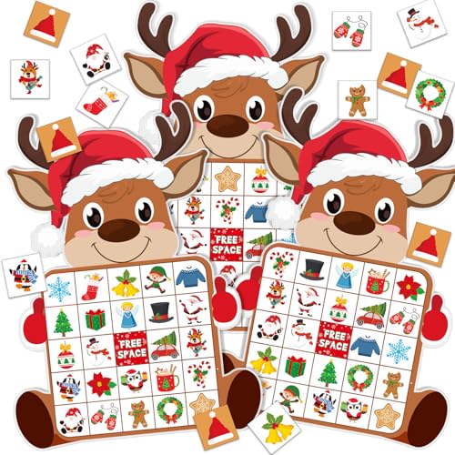 Blosssound Reindeer Christmas Bingo Game – 24 Players Holiday Bingo Cards with Reindeer Theme, Winter Party Game for Family Gatherings, Classroom Activities, and Christmas Party Favors - style: Reindeer