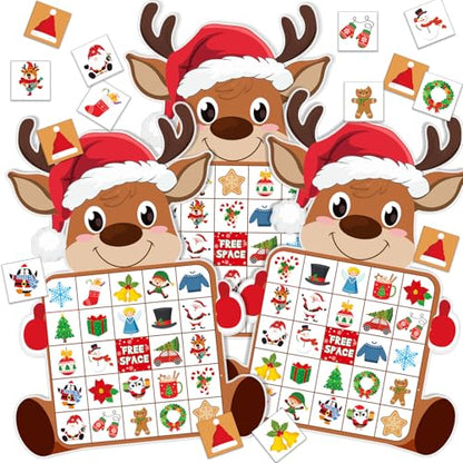 Blosssound Reindeer Christmas Bingo Game – 24 Players Holiday Bingo Cards with Reindeer Theme, Winter Party Game for Family Gatherings, Classroom Activities, and Christmas Party Favors - style: Reindeer