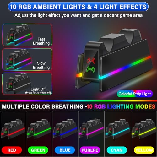 PS5-Controller-Charger-Station - Charging Station for PlayStation 5 Dualsense/Edge Controller with 9 Color Led Light, Fast Charging Dock & Holder Stand for PS5/Slim/Pro Remote - Whole Black - color: Whole Black P48