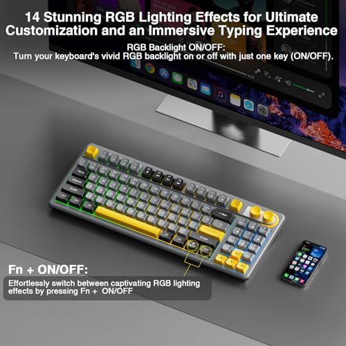 SOLAKAKA SK90 75% Wireless Gaming Keyboard - 4000mAh Tri-Mode (BT5.0/2.4G/USB-C) Cute Creamy Gaming Keyboard with Number Pad, Media Knob, RGB Backlit, Quiet Keys Silent Office Keyboards for PC MAC - color: Gray Black, size: SK90 - Wireless