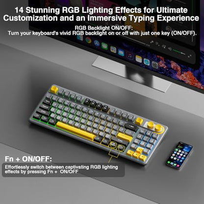 SOLAKAKA SK90 75% Wireless Gaming Keyboard - 4000mAh Tri-Mode (BT5.0/2.4G/USB-C) Cute Creamy Gaming Keyboard with Number Pad, Media Knob, RGB Backlit, Quiet Keys Silent Office Keyboards for PC MAC - color: Gray Black, size: SK90 - Wireless