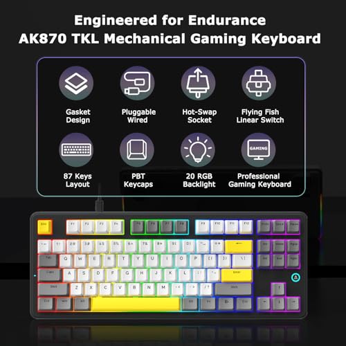 AK870 87Keys Hot-Swappable Mechanical Keyboard, Gasket Mount Wired Gaming Keyboard with Linear Flying Fish Switches, 80% Compact, PBT Keycaps, RGB Backlit for PC Gamers & Typists (Starry Night Grey) - color: AK870 Flying Fish Switch Starry Night Grey, siz