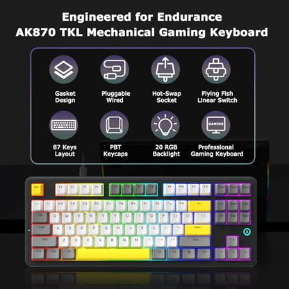 AK870 87Keys Hot-Swappable Mechanical Keyboard, Gasket Mount Wired Gaming Keyboard with Linear Flying Fish Switches, 80% Compact, PBT Keycaps, RGB Backlit for PC Gamers & Typists (Starry Night Grey) - color: AK870 Flying Fish Switch Starry Night Grey, siz