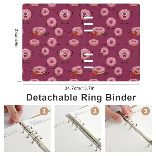 JOJOART Pink Donut Characters Funny Journals Binder Notebook Loose Leaf 6-Ring Professional Notebook,Spiral Notebooks Refillable Journal Notebook,90 Sheets for Office Travel Planner