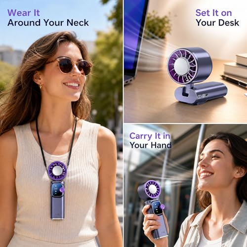 Portable Handheld Fan with Ice Cooling Personal Rechargeable Mini Neck Fan | 199-Speed 20000RPM 4000mAh Battery Powered up to 15hrs, LED Display Foldable & Hangable for Travel, Camping & Outdoor, Purple - color: Gray-Purple