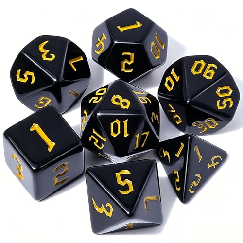 CiaraQ 7pcs Polyhedral Dice Set for Dungeon and Dragons MTG Table Games | Acrylic Role Playing Dice for D&D with Black Velvet Bag – Black with Gold Numbers – Standard Size – Ages 14+ - color: Black With Gold Numbers