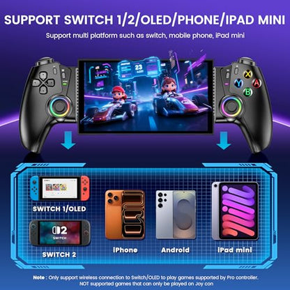 KICKDOT MC5000 Pro Controller for Switch 2/1/OLED & iPhone/Android – Hall Effect Joystick, Wireless Bluetooth Mobile Gaming Controller with RGB, Programmable Back Buttons, Extendable Design for Cloud Gaming (Xbox/Steam) - color: Black-Switch Layout