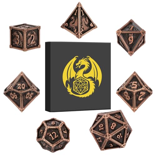 Metal Dice Set, Fly Dragon Pattern, 7pcs Polyhedral Metal DND Dice Set, DND Starter Set, D&D Gifts with Gift Box, Role Playing Board Games Accessories, Red Copper ﻿ ﻿ - color: Red Copper