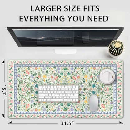 Green Floral Desk Mat Large Mouse Pad 31.5"x15.7" Non-Slip | Extended Mousepad, Non-Slip Rubber Base , Stitched Edges, for Computer/Laptop/Office/Home - color: Green Floral