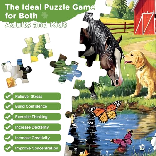 300 Piece Puzzle for Adults, Golden Retriever Horse on Farm Scenic Landscape Jigsaw Puzzle, Jigsaw Puzzles for Adult 300 Piece, Challenging Yet Relaxing 300 Pieces Puzzle Game for Kids Adults Seniors - style: Horse