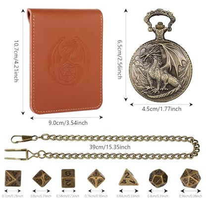 Mini D&D Dice Set with Steampunk Red Dragon Pocket Watch Shell Case, Tiny 7pcs Polyhedral Metal DND Dice, Gift Set with Leather Bag, RPG Accessories, DND Starter Set, Bronze - color: Red Dragon