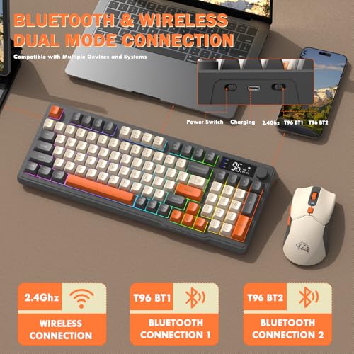 FREEWOLF T96 Smart Display Wireless Gaming Keyboard and Mouse Comb, 94Key LED Lighting Rechargeable Silent Membrane Keyboard with Knobs, 2000mAh Battery, 6-Button 4KDPI Mouse for Win/Mac(Glimmer) - color: Glimmer