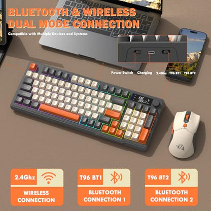 FREEWOLF T96 Smart Display Wireless Gaming Keyboard and Mouse Comb, 94Key LED Lighting Rechargeable Silent Membrane Keyboard with Knobs, 2000mAh Battery, 6-Button 4KDPI Mouse for Win/Mac(Glimmer) - color: Glimmer