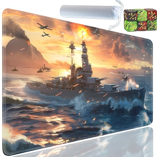 Playmat for MTG, 24x14 Inches Playmats, for TCG and CCG Trading Card Game Mat, Non-Slip Rubber for MTG Playmats with A Storage Bag and 6 Dice Set, Warship Pattern - color: Yu-Playmat-1-D107