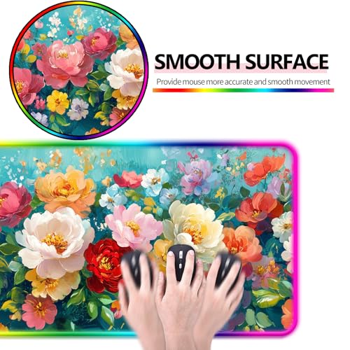 RGB Colorful Flower Peony Gaming Desk Mat, Computer Keyboard Large Extended Long Floral LED Mouse Pad for Office and Home, XL (W28) - color: Rgb-w28