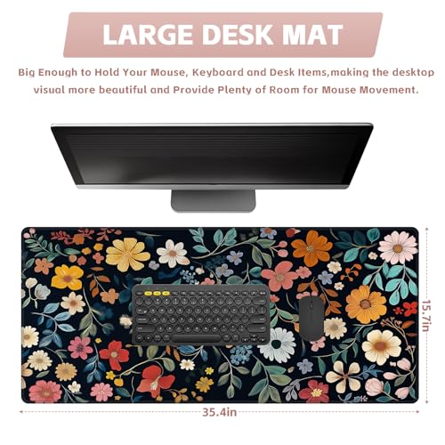 Baziabbo Floral Desk Mat,XXL Extended Big Mouse Pad,Gaming Mousepad with Stitched Edge,Non-Slip Rubber Base Keyboard Desk Pad for Home Office Study Game - color: Floral Black