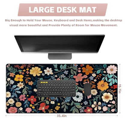 Baziabbo Floral Desk Mat,XXL Extended Big Mouse Pad,Gaming Mousepad with Stitched Edge,Non-Slip Rubber Base Keyboard Desk Pad for Home Office Study Game - color: Floral Black