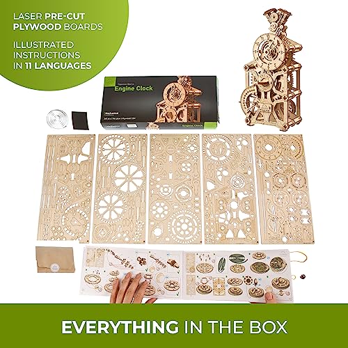 UGEARS Engine Clock 3D Wooden Puzzles for Adults – Wooden Model Kits for Adults, Mechanical Clock Kit with Moving Pistons, Steam Engine Kits, Clocks Kits for Do It Yourself, Brain Teaser 3D Puzzle - style: Engine Clock