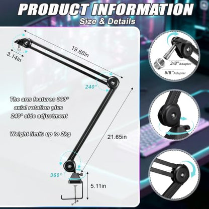 Microphone Boom Arm, 360° Rotatable Mic Arm Stand, Adjustable Height Overhead Mic Holder with Desk Clamp, Cable Channels, 3/8" to 5/8" Threads for Podcast Streaming Gaming Studio Recording