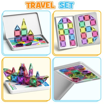 42PCS Mini Magnetic Tiles Travel Set with Iron Storage Box - Portable STEM Building Blocks for Kids 3-8, Montessori Educational Magnet Toys for Airplane, Car Rides & On-The-Go Play | Portable Montessori educational magnetic building tiles for airplane, ca
