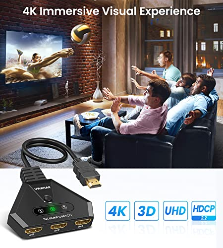 HDMI Switch 4K HDMI Splitter, Automatic HDMI Switch 3 in 1 Out with Pigtail HDMI Cable, 3 Ports HDMI Switcher Support HDCP 2.2 Full HD 4K 1080P 3D for Fire Stick Apple TV PS5 PS4 Xbox PC