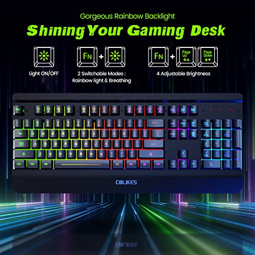 Gaming Keyboard Wireless, Light Up LED Backlit, Rechargeable Keyboard 50 Hours Battery Life & Sleep Mode & Indicators, Quiet, Ergonomic Metal Wrist Rest for PC Computer Gamer - 2.4G USB, Black