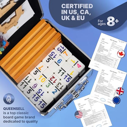 Queensell Mexican Train Dominoes Set Double 15 with Numbers - Dominoes Set for Adults and Family – 136 Tiles, 9 Trains, Wooden Hub, 8 Tile Holders, Aluminum Case (D15 Numbers + 8 Holders) - style: D15 Numbers + 8 Holders