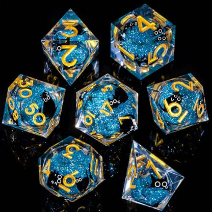 Roycevon Resin DND Dice Set with Gift Box, 7Pcs Liquid Core Cat D&D Dice, Cute Dungeons Dragons D and D Dice, Sharp Edge Role Playing Game Dice D20 D12 D10 D8 D6 D4, Blue Gold - color: Blue Gold