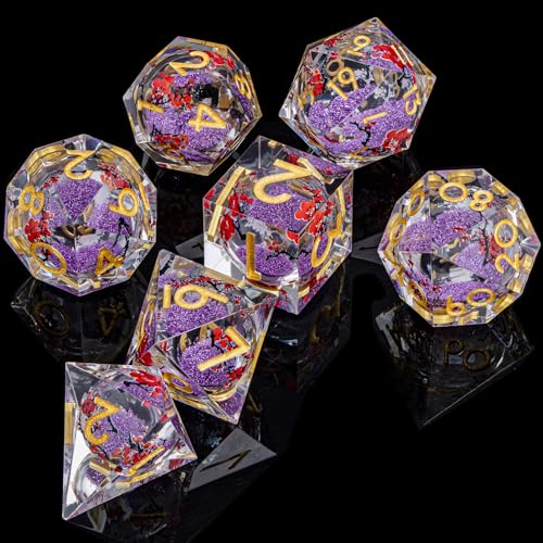 ARUOHHA DND Resin Dice Plum Blossom Liquid Core Purple Sharp Edged Polyhedral Dragons Dice Set with Gift Box, Dungeons D and D Dice Role Playing Game D20 D12 D10 D8 D6 D4 - color: Flower&golden Purple