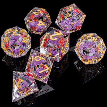 ARUOHHA DND Resin Dice Plum Blossom Liquid Core Purple Sharp Edged Polyhedral Dragons Dice Set with Gift Box, Dungeons D and D Dice Role Playing Game D20 D12 D10 D8 D6 D4 - color: Flower&golden Purple
