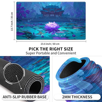 Card Playmat 24" x 14" TCG Game Mat for MTG and Other Card Games, Premium Stitched Card Gameplay Mat with Non-Slip Rubber Backing Board Games Desk Duel Mats, Eastern Temple Purple Lotus - color: Eastern Temple Purple Lotus, size: 24"X14" Without Zones