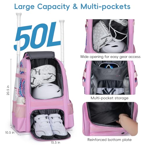 KAVIGOR Baseball Bag for Youth | Softball Backpack 50L Large Capacity with Shoe Compartment and 4 Bat Holders | Nova Flare Series - color: Pink