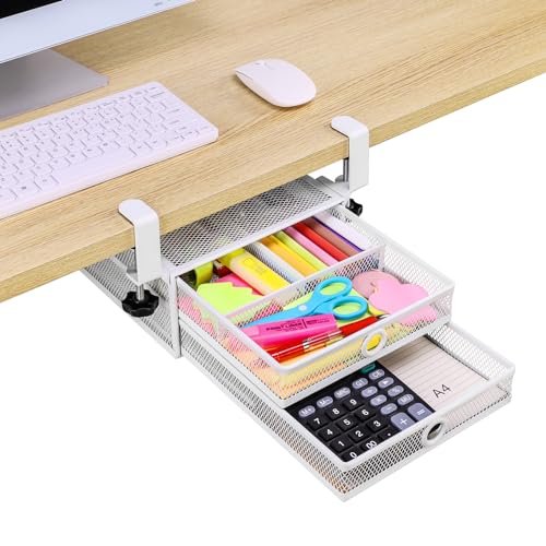 ROSYLINE Under Desk & Desktop Drawer Organizer, 2-Tier Big Capacity | Steel Construction, Clip-On No Drill Installation, Fits A4 Paper, for Office & Household Supplies - color: 2-Tier White