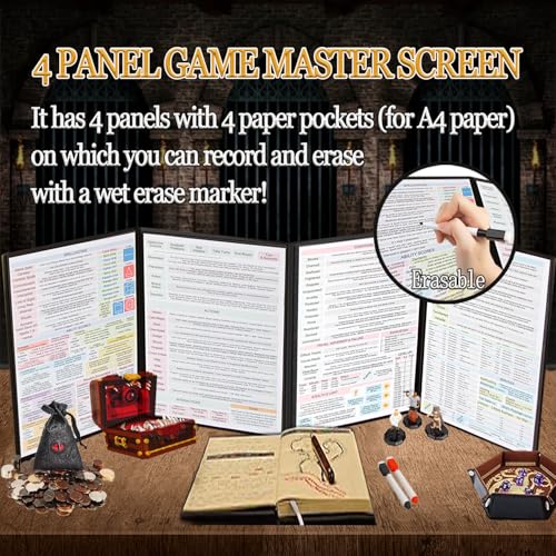 DND Dungeon Master Screen 3D Faux Leather,4 Panel Game Master with Pockets DM Screen for DM Game Accessories Gift,Dungeons and Dragon,Pathfinder,D&D