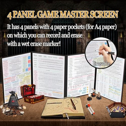 DND Dungeon Master Screen 3D Faux Leather,4 Panel Game Master with Pockets DM Screen for DM Game Accessories Gift,Dungeons and Dragon,Pathfinder,D&D