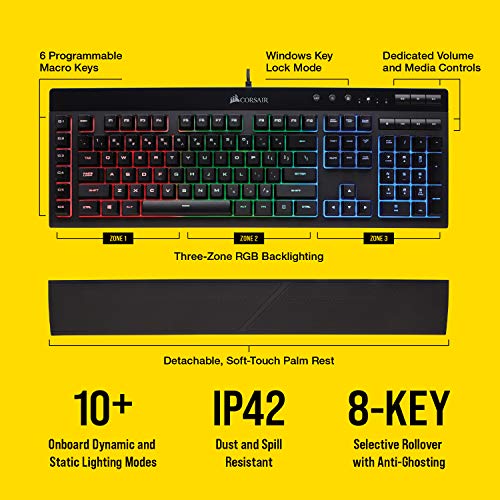 Corsair K55 RGB Gaming Keyboard – IP42 Dust and Water Resistance – 6 Programmable Macro Keys – Dedicated Media Keys - Detachable Palm Rest Included (CH-9206015-NA) , Black - color: Black, style: K55
