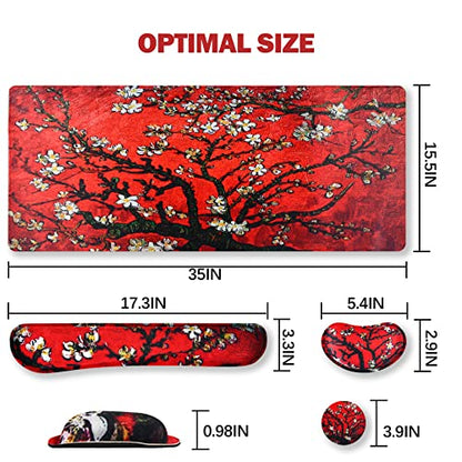 ARTSO Large Gaming Mouse Pad, Keyboard Wrist Rest Pad & Wrist Support Mousepad Set, Stitched Edge, Extended, Non-Slip Base, Memory Foam Desk Mat 4pcs for Office & Home, Red Van Gogh Painting - color: Red Van Gogh Painting
