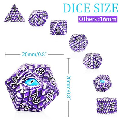 Metal Dice Set D&D,7 PCS Dragon Scale Metallic DND Dice Set,Dragon Eye Metal Dice with Grogeous Gift Case for Dungeons and Dragon Tabletop Game (Purple Dragon Scale & Blue Eye) - color: Purple Dragon Scale & Blue Eye