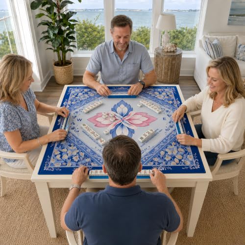 Mahjong Mat 31.5x31.5 Inch, Non-Slip Rubber 3mm American Mahjong Mat with Rules, Blossom Lotus Hand-Painted Look Noise Reducing Game Neoprene Mat for Table (Elegant Lotus) - color: Elegant Lotus