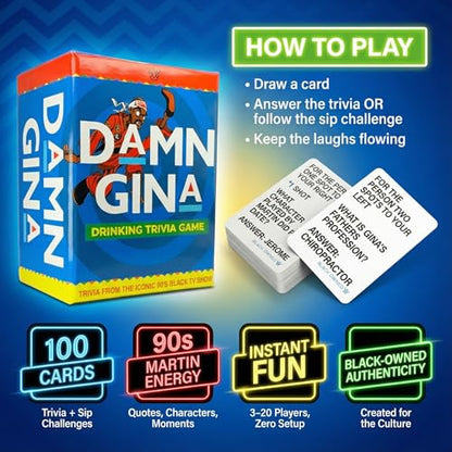 Damn Gina Drinking Game 90s Martin TV Show Trivia Cards Fun Martin Lawrence Party Game with Catchphrases Challenges and Sips Perfect for Game Nights, Family Reunions, Girls Trips and Bachelor Events - color: Drinking