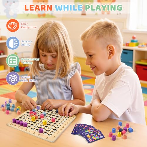 BUZIFU Wooden Montessori Multiplication Board Game: Math Educational Toys Multiplication Table Board Game Montessori Math Manipulatives Toys Toddlers Kids Multiplication Chart Game for Early Education