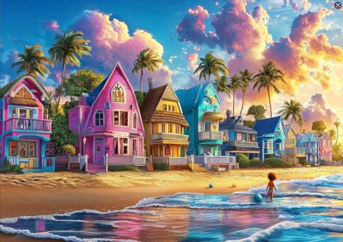 Colorful Beach Houses 500 Piece Jigsaw Puzzles for Adults Tropical Coastal Scene with Palm Trees Sunset Ocean Waves Puzzle with Letters on Back for Adults Teens Seniors Family Puzzle(23"x15") - color: Colorful Beach Houses