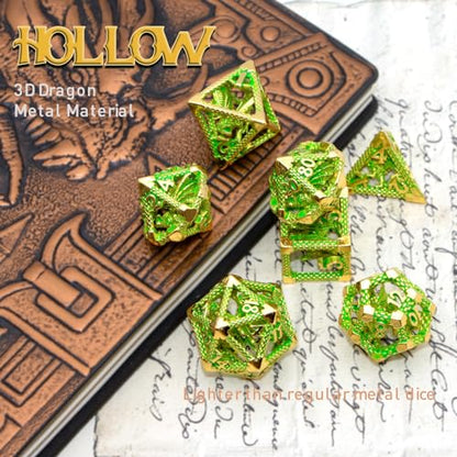 DND Dice,HNCCESG Metal D&D Dice of 7pc,Dungeons and Dragons Dice Set Polyhedral Dice Role Playing Dice Set Hollow Dice Gaming D D Gift for Table Game RPG Shadowrun (Gilt Green) - color: Gilt Green