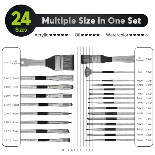 Paint Brushes Set of 24 Pieces, CONDA Different Shapes Wooden Handles Brushes with Art Brush Case, Professional Artist Brushes for Oil, Acrylic Canvas Watercolor Painting Craft - color: Light Grey