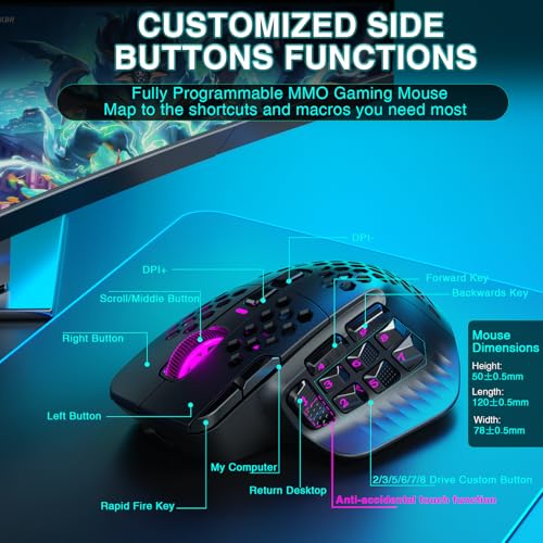 SOLAKAKA SM809 Pro MMO Gaming Mouse with 9 Side Buttons,24000 DPI RGB Mouse for Gamer,16 Programmable Macros MMO Mouse,Black - color: 1-black