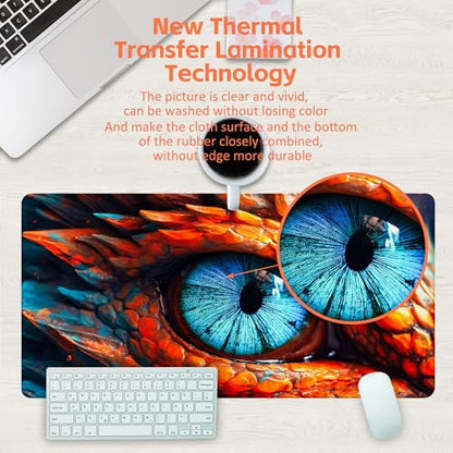 Large Gaming Mouse Pad for Desk, Dragon Blue Eyes Desk Mat, Dragon Eyes Desk Pad, 31.5"x15.7" Extended Big Computer Keyboard Mouse Pad with Non-Slip Base and Stitched Edge - color: Dragon Blue Eyes
