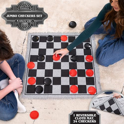 Elbow Room Giant Checkers Set - 3-in-1 with Reversible Mat - Ages 6+ | 28 in Play Surface, 25 Jumbo Pieces, Plastic Construction, Includes Storage Bag, 2 Player Game, 26 x 26 in Board