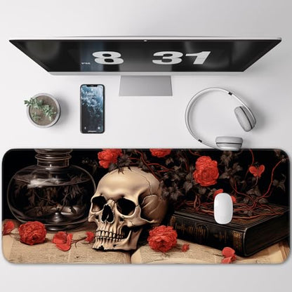 Mouse Pad, Premium Textured Waterproof Gaming Mouse Pad with Non-Slip Rubber Base, Large 31.5 x 11.8 Inch Desk Pad for Laptop, Office and Home (Floral) - color: Flower Skull